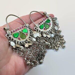 Afghan Earrings, Middle Eastern, Boho, Hoops, Kuchi,Green, Pierced, Silver